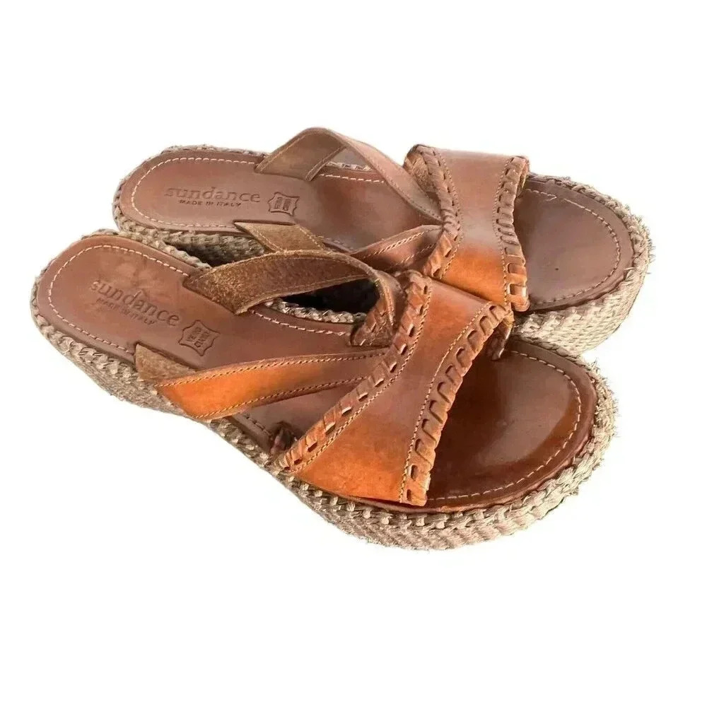 Sundance Sandals Size 7 Woven Platform Leather Italy Vintage Y2K Nostalgia